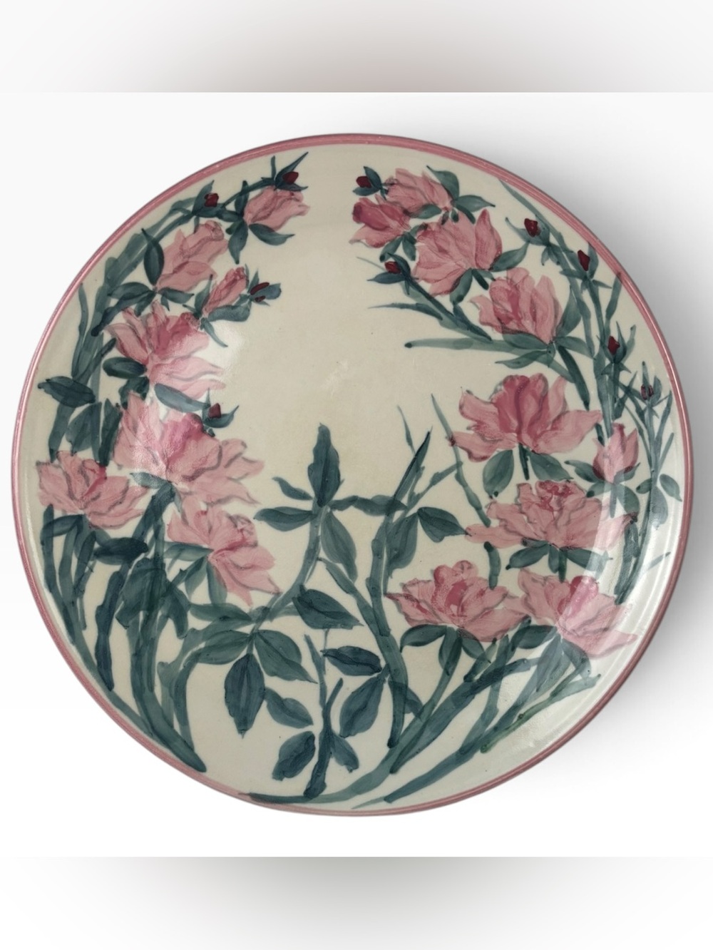 Vintage Rick Cosgriffe 15” Hand Painted Pink Rose Studio Pottery Charger Signed